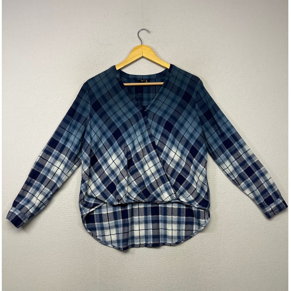 Preppy Plaid a.n.a A New Approach Womens Small Blue Surplice Faux Wrap Blouse